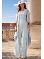 voordelige Broekpakken van mama-Broek 3-delig pak Tot de grond Moeder van de bruid jurk Mouwloos Ronde hals Elegant Grote maten Formeel Bruiloft gast Chiffon Kant met Appliqués