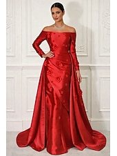 economico Abiti da ballo-Linea ad A Strascico a Terra Abito da Sera Abito da ballo con sopragonna Elegante Scintillante Floreale Manica Lunga Scollo a Barca Festa serale Matrimonio Vestito Rosa Raso con Fiore ricamato Spacco