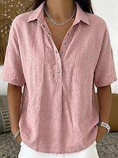 cheap Shirts-Women's Shirt Linen-feel Shirts Vintage Stylish Short Sleeve Turndown Regular Tops Daily Work Holiday Blue Black White Pink Light Brown Summer Spring