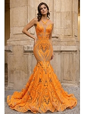 abordables Vestidos de Noche Sirena-Corte Trompeta Sirena Cola barrida Trajes de gala Vestidos de noche Corte Cenicienta Vestimenta formal Elegante Sin Mangas Escote de ilusión Carnaval Formal afroamericano Lentejuelas con Lentejuela