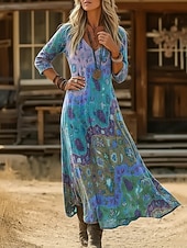 abordables Vestido Boho Étnico-Mujer Vestido largo maxi Vestido bohemio Vestido vintage Vestido informal Vintage Diario Exterior Vacaciones Ajuste regular Floral Manga Larga Escote en Pico Azul Piscina Morado Verde Trébol Gris