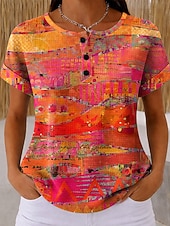  T-shirt en gaufre pour femmes impression graphique géométrique vintage élégant classique à manches courtes col rond hauts réguliers quotidiens noir et blanc noir blanc jaune rouge été printemps