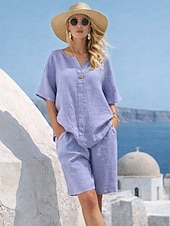 baratos Conjuntos Co-ord Falsos Essenciais-Conjunto feminino de shorts em linho sintético com estampa de algodão, manga 3/4, decote em V, cor sólida, estilo streetwear, casual, para uso diário, em tons de azul, branco e rosa, ideal para o