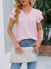 billige Plain t-skjorte-Dame T skjorte T-skjorte Drapering عادي Mote Stilfull Klassisk Kortermet V-hals Vanlige topper Daglig Ut på byen Helg Svart Hvit Rosa Himmelblå Fuksia Sommer Vår