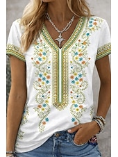 billige Boho t-skjorte-Dame T skjorte Trykt mønster Blomstret Grafisk Dragonfly Årgang Stilfull Klassisk Kortermet V-hals Lange topper Daglig Sport Ut på byen Hvit Rød Sommer Vår