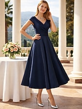 Χαμηλού Κόστους Κοκτέιλ Φορέματα-Γραμμή Α Κάτω από το γόνατο Κοκτέιλ Φορέματα Φορέματα για πάρτι Κομψό Αμάνικο Λαιμόκοψη V Επισκέπτης γάμου Σαρμέζ με Πλισέ