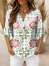 economico Bluse Floreali-Per donna Blusa Volant Stampato Floreale Grafico Vintage Quotidiano Elegante Manica 3/4 Scollo a V Top Regolari Quotidiano Ferie Abbigliamento da vacanza Bianco Giallo Rosa Verde Estate Primavera