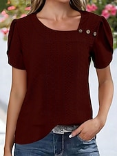 Χαμηλού Κόστους Δαντέλα κορυφές-Γυναικεία Πουκάμισο Πουκάμισο Pointelle Κορυφή ματιών Μπλούζα Μικρή Οπή Κουμπιά Σκέτο Βίντατζ Στυλάτο Κλασσικό Κοντομάνικο Ασύμμετρο Κανονικά μπλουζάκια Causal Καθημερινά Παραλία