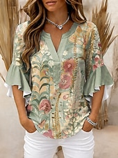 economico Bluse Floreali-Per donna Blusa Volant Stampato Floreale Grafico Vintage Quotidiano Elegante Manica 3/4 Scollo a V Top Regolari Quotidiano Ferie Abbigliamento da vacanza Blu Giallo Rosa Verde Estate Primavera
