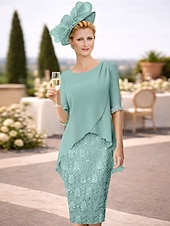 economico Lunghezza del tè-Tubino Colonna Lunghezza al ginocchio Vestito da Festa Abito da Cocktail Abito da invitata a nozze Abito da cerimonia per signora Mezza Manica Collo gioiello Elegante Ospite di nozze Con Paillettes