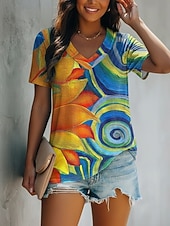  Damen T Shirt Druck Farbblock Sonnenblume Vintage Lässig Boho Kurzarm V Ausschnitt Normale Oberteile Täglich Blau Wein Königsblau Orange Grün Sommer Frühling
