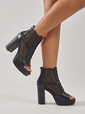 abordables Sandalias de Plataforma-Sandalias profesionales de tacón de malla negra para mujer - zapatos de oficina transpirables con tacón de bloque y cierre de cordones seguro en la parte delantera. &amp;Sandalias abiertas para el trabajo