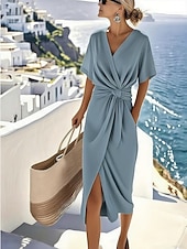 economico Vestito bianco-Per donna Abito Midi Vestito Estivo Vestito Casual Vacanza Casual Boho Spiaggia Feste Data Vestibilità regolare Semplice Manica Corta Scollo a V Blu Cachi Beige Estate Primavera