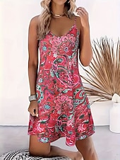 halpa Boho-mekot-Naisten Mini mekko A linjainen mekko Slip Mekko Olkapäältä pois menevä mekko Loma Vapaa-aika Hiekkaranta Bile Normaali Kuvitettu Geometrinen Solmuvärjätty Hihaton V kaula-aukko Sininen Rubiini Apila