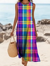  Women's Midi Dress Faux Cotton Linen Shift Dress Sundress Casual Dress Vintage Daily Outdoor Beach Regular Fit Floral Sleeveless Crew Neck Dark Green Purple Green Rainbow Summer Spring