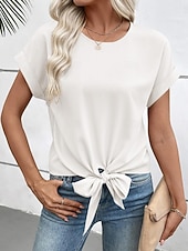 abordables T-shirt uni-Femmes T-shirt Nœud Uni Mode Élégant Classique Manche Courte Col ras du cou Hauts Réguliers Quotidien Sortir Week-end Noir Blanche Vin Marron Beige Été Printemps
