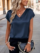 voordelige Effen t-shirt-Dames satijnen top T-shirt Effen Elegant Modieus Stijlvol Korte mouw V-hals Normale tops Dagelijks Uitgaan Weekend Champagne Goud Wijn Rood Koffie Zomer Lente