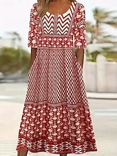 preiswerte Boho Kleider-Damen Midikleid Sommerkleid Urlaub Lässig Boho Täglich Strand Normale Passform Blumen Halbarm Rundhalsausschnitt Blau Rote Dunkelblau Beige Sommer Frühling