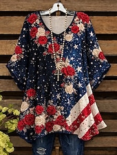  Ημέρα Αμερικανικής Ανεξαρτησίας Γυναικεία Πουκάμισο Μπλούζα Στάμπα Φλοράλ Γραφική Σημαία Βίντατζ Καθημερινά Στυλάτο Μακρυμάνικο Στρογγυλή Ψηλή Λαιμόκοψη Λαιμόκοψη V Μακριές μπλούζες Καθημερινά Εξόδου