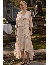 Недорогие Комплекты платьев для мам-Из двух частей А-силуэт Ниже колена Свадебное платье для гостей Платье для матери невесты Без рукавов Рукав 3/4 V-образный вырез Элегантный стиль Простой Официальные Дерби в Кентукки Полуформальный