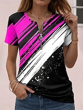 billiga Randig och geometrisk t-shirt-Dam T-shirt Dragkedja Grafisk Geometrisk Abstrakt Vintage Hawaiisk Stylish Kortärmad Rund hals Vanliga toppar Dagligen Sport Helgen Blå Rubinrött Purpur Grön Sommar Vår