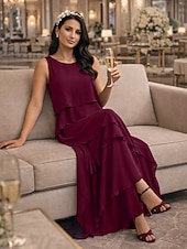 billiga Mammas klänningsset-Tvådelad A-linje Golvlång Bröllopsgästklänning Klänning till brudens mor Ärmlös Prydd med juveler Elegant Bröllopsgäst Bröllopsfest Chiffong Sjal inkluderad med Fallande volanger Enfärgat