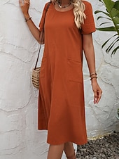 cheap Plain Dress-Women's Midi  Faux Cotton Linen  Dress A Line Dress Summer Dress Casual Daily Loose Fit Plain Short Sleeve Crew Neck Black Orange Army Green Apricot Summer