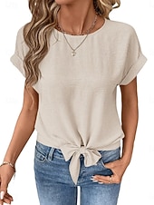 abordables T-shirt uni-Femmes T-shirt Nœud Uni Mode Élégant Classique Manche Courte Col ras du cou Hauts Réguliers Quotidien Sortir Week-end Noir Blanche Vin Marron Beige Été Printemps