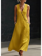 abordables Robes décontractées-Robe longue en coton et lin pour femme, robe d'été, robe trapèze, robe cintrée et évasée, robe de vacances décontractée, style bohème, robe de plage décontractée, robe de soirée ample, robe unie sans