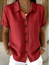 tanie Gładkie bluzki-Damskie Bluzka Guziki Jednokolorowe Elegancki Codzienny Krótki rękaw Kołnierzyk koszuli Zwykłe topy Codzienny Niebieski Biały Rumiany róż Czerwony Zielony Lato Wiosna Jesień