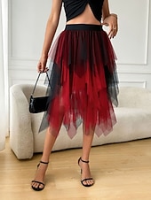 abordables Faldas de Fiesta-Women's Vacation Skirt Elegant Fashion Cute Casual Midi Mid Rise Skirts Color Block Elastic Waist Irregular Hem Layered Micro-elastic Daily Vacation Violet White Pink Red Summer