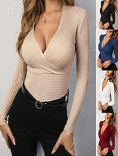 economico Magliette-Per donna Maglietta Blusa Tinta unica Elegante Moda Sexy Manica Lunga Scollo a V Top Regolari Quotidiano Uscire Weekend Blu Nero Bianco Rosa Vino Primavera Autunno Inverno