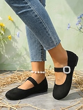 voordelige Platte damesschoenen-Dames Mary Jane platte schoenen met brede pasvorm in koffiekleur – comfortabele, casual platte schoenen met ronde neus en gesp met strasssteentjes, geschikt voor werk, dagelijkse wandelingen en buitenactiviteiten.