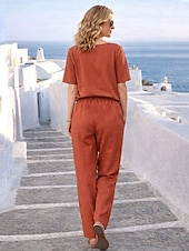 preiswerte Wesentliche Faux Co-ord Sets-Damen Hosen-Sets Bolero Kunstbaumwollleinen Kurzarm Rundhals Einfarbig Mode Streetwear Lässig Täglich Outdoor Blau Orange Grün Sommer Lässiger Schnitt