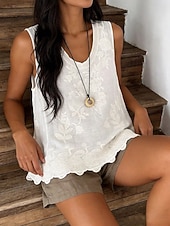 tanie Koszule-Damskie Koronkowa koszula Jednokolorowe Elegancja Bohema Urlop Bez rękawów Półgolf Długie topy Codzienny Święto Weekend Czarny Biały Rumiany róż Jasnobrązowy Khaki Lato Wiosna