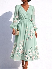 cheap Floral Dress-Women's Midi Dress Pleated Dress Work Dresses Fit And Flare Dress Birthday Casual Formal Office Date Regular Fit Floral Graphic Long Sleeve V Neck Light Green Summer Spring