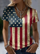  Giorno dell'Indipendenza Americana Per donna Maglietta Stampato Grafico Bandiera Vintage Elegante Classico Manica Corta Scollo a V Top Regolari Quotidiano Nero Bianco Cachi Estate Primavera