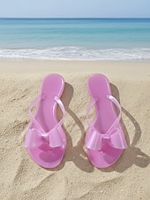 tanie Sandały typu slide-Damskie klapki plażowe w kolorze słodkiego różu - romantyczne, duże sandały z kokardą i wygodną, płaską podeszwą na letnie wakacje i wypady na tropikalne wyspy &amp;swobodny strój wypoczynkowy