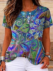 ieftine tricou boho-Tricouri pentru femei cu textură waffles T-shirt cu imprimeu colorat grafică tribală stilat clasic cu mânecă scurtă guler crew neck guler rotund tricouri obișnuite sport de zi cu zi albastru roșu