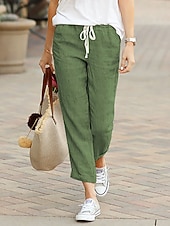 cheap Bottoms-Women's Faux Cotton Linen Chinos Summer Pants Vacation Streetwear Basic Ankle-Length Medium Waist Plain Drawstring Pocket Comfy Breathable Inelastic Daily Outdoor Streetwear Blue Black Green