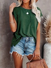 preiswerte Einfarbiges T-Shirt-Damen Bluse Tasche Einfach Vintage Stilvoll Ärmellos Rundhalsausschnitt Normale Oberteile Täglich Ferien Ausgehen Schwarz Gelb Rosa Purpur Grün Sommer Frühling