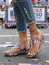  dame rødblå USA 250-årsjubileumsflaggtrykk kileformede flip-flop-sandaler, patriotiske komfortable sommerslippers til uavhengighetsdagen og høytidsfester &fritidsklær