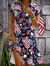 preiswerte Unabhängigkeitstag Kleid-Amerikanischer Unabhängigkeitstag Damen Minikleid A Linie Kleid Urlaub Lässig Strand Normale Passform Grafik Flagge Kurzarm V Ausschnitt Schwarz Weiß Rote Sommer Frühling