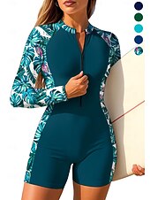 baratos Rash Guards de Uma Peça-Mulheres Padrão Anti Atrito Maiô de surfe de uma peça Roupa de banho Floral Tropical Bloqueio de cores Zip Up Com sutiã embutido Bojo Removível Proteção Solar UV UPF50+ Ultra Leve (UL) Manga Longa