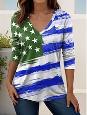 ieftine Ziua Independenței Top-Ziua Independenței Americane Pentru femei Tricou Imprimeu Grafic Steagul american Epocă Stilat Clasic Manșon Lung În V Topuri lungi Zilnic Sfârșit de săptămână Albastru piscină Roz Îmbujorat