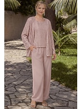 baratos Terninhos de calça da mamãe-Terninho Traje de 3 peças Longo Vestido Para Mãe dos Noivos Sem Manga Scoop pescoço Elegante Convidado do casamento Chiffon Renda Embrulho incluido com Lantejoulas