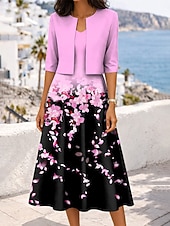 baratos Vestido Floral-Mulheres conjunto de vestido Vestido A Line Elegante Casual Floral Gráfico Multi Camadas Imprimir Vestido midi Meia Manga Decote V Diário Azul Rosa Roxo Verão Primavera Normal