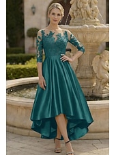 halpa Nilkkapituus-A-linja Epäsymmetrinen Polven yli Juhlamekko Coctail-asu Häävieraspuku Morsiammen äidin asu 3/4 hiha Kauha Tyylikäs Lyhyt ja matala Häävieras Syntymäpäivä Satiini Pitsi kanssa Laskokset Applikaatiot