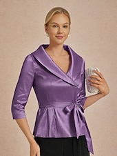 abordables Blusas Elegantes-Mujer Blusa Tops de noche corbata frontal Color sólido Plano Elegante Metálico Básico Manga 3/4 Escote en Pico Tops largos Fiesta de Noche Invitado a la boda Semi-formal Lila Verano Primavera Otoño