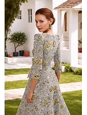  Linha A Longo Vestidos de cocktail Vestidos de festa Elegante Vintage Manga Longa Decote V Casamento Formal Bolsos Fibra Sintética com Laço(s) Fenda Bolsos